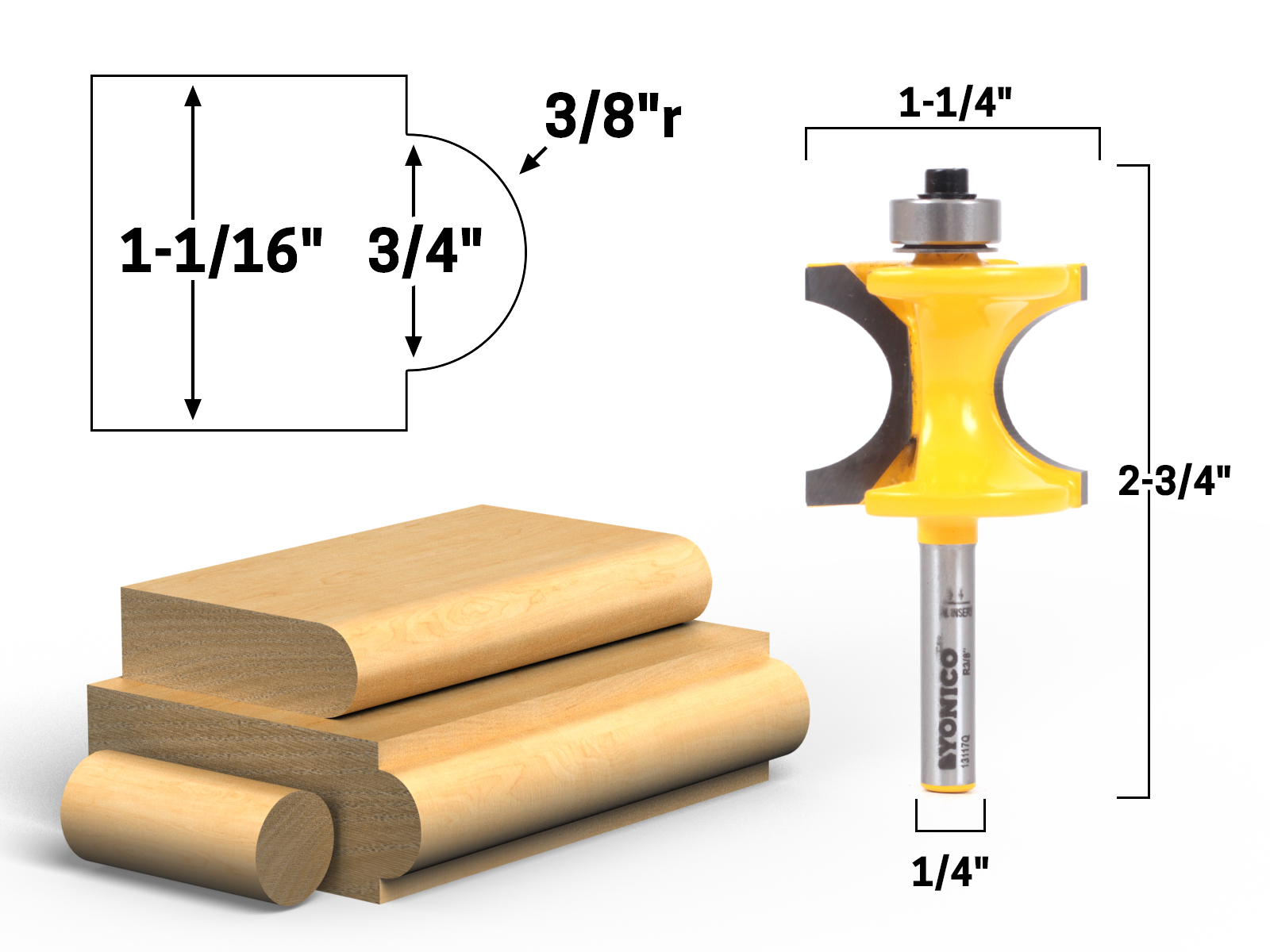 3/8" Radius Bullnose Router Bit 1/4" Shank Yonico 13117q