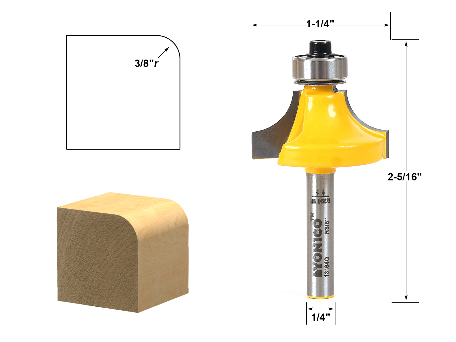3/8" Radius Round Over Edge Forming Router Bit - 1/4" Shank - Yonico