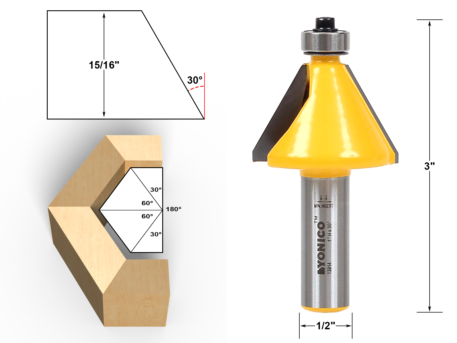 30 Degree Chamfer Edge Forming Router Bit 1/2" Shank Yonico 13914