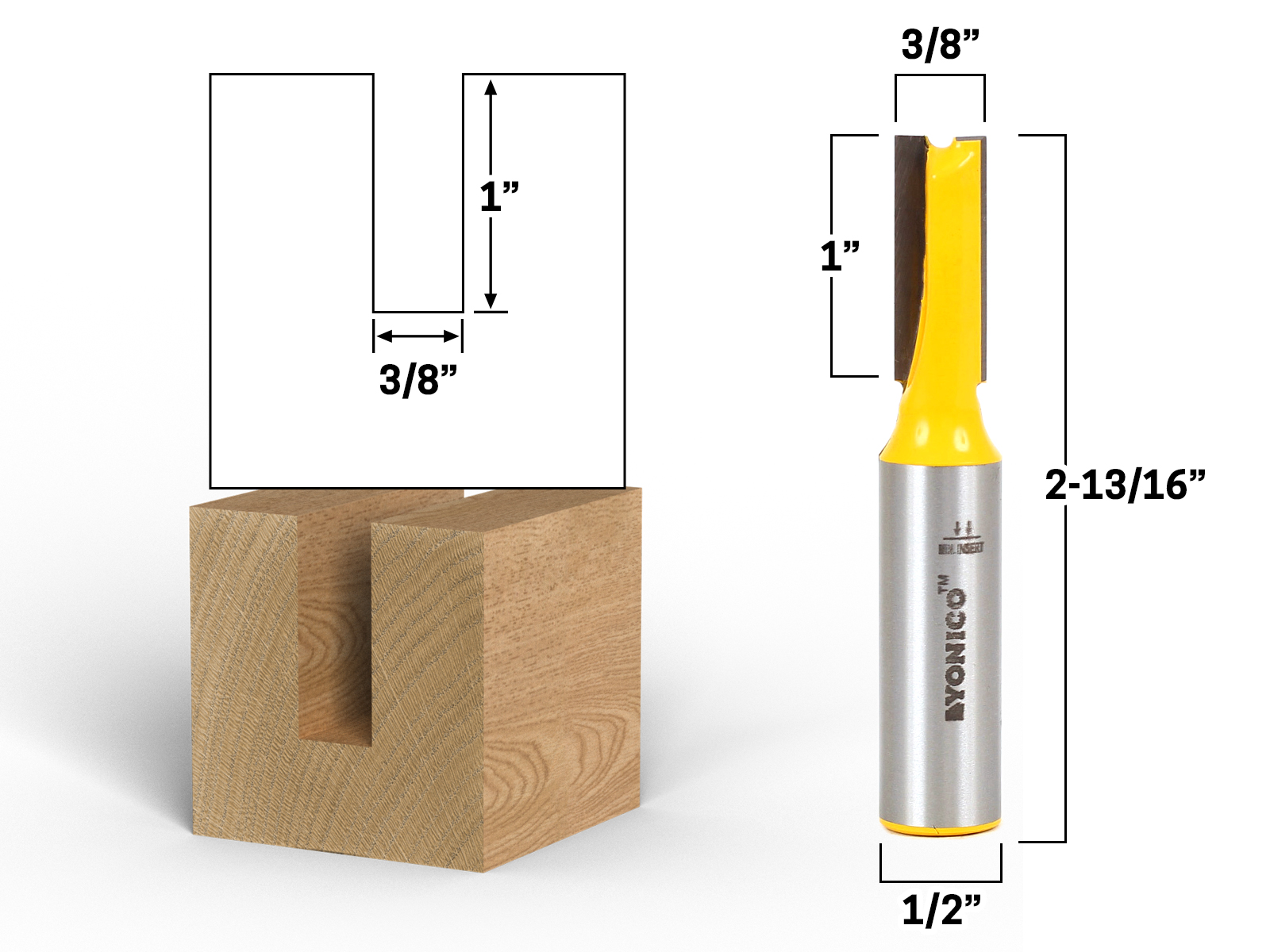 3/8" Diameter X 1" Height Straight Router Bit 1/2" Shank Yonico