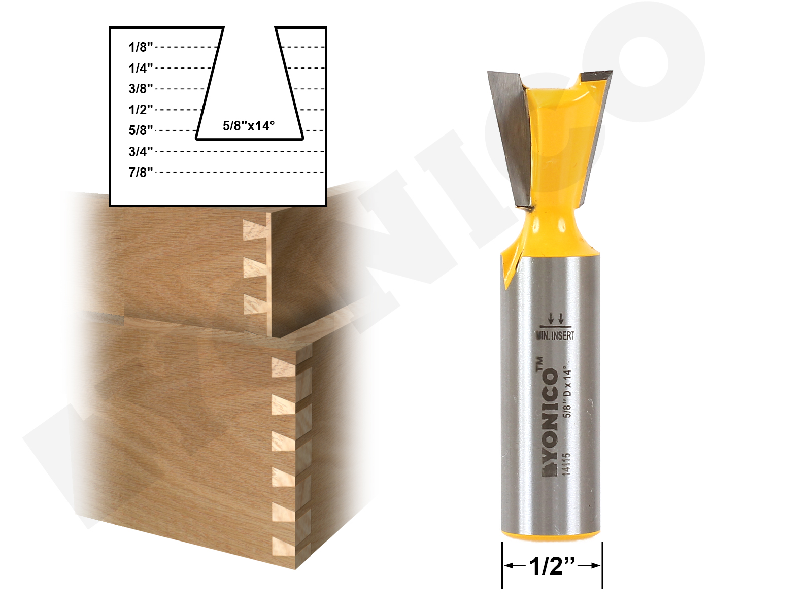 14° X 5/8" Dovetail Router Bit 1/2" Shank Yonico 14115 765573834710