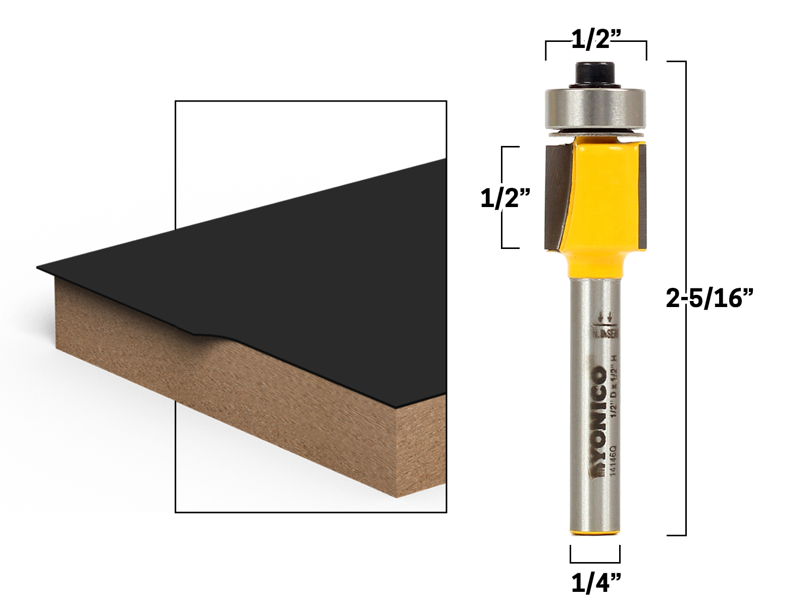 1/2" Laminate Flush Trim Router Bit 1/4" Shank Yonico 14146q