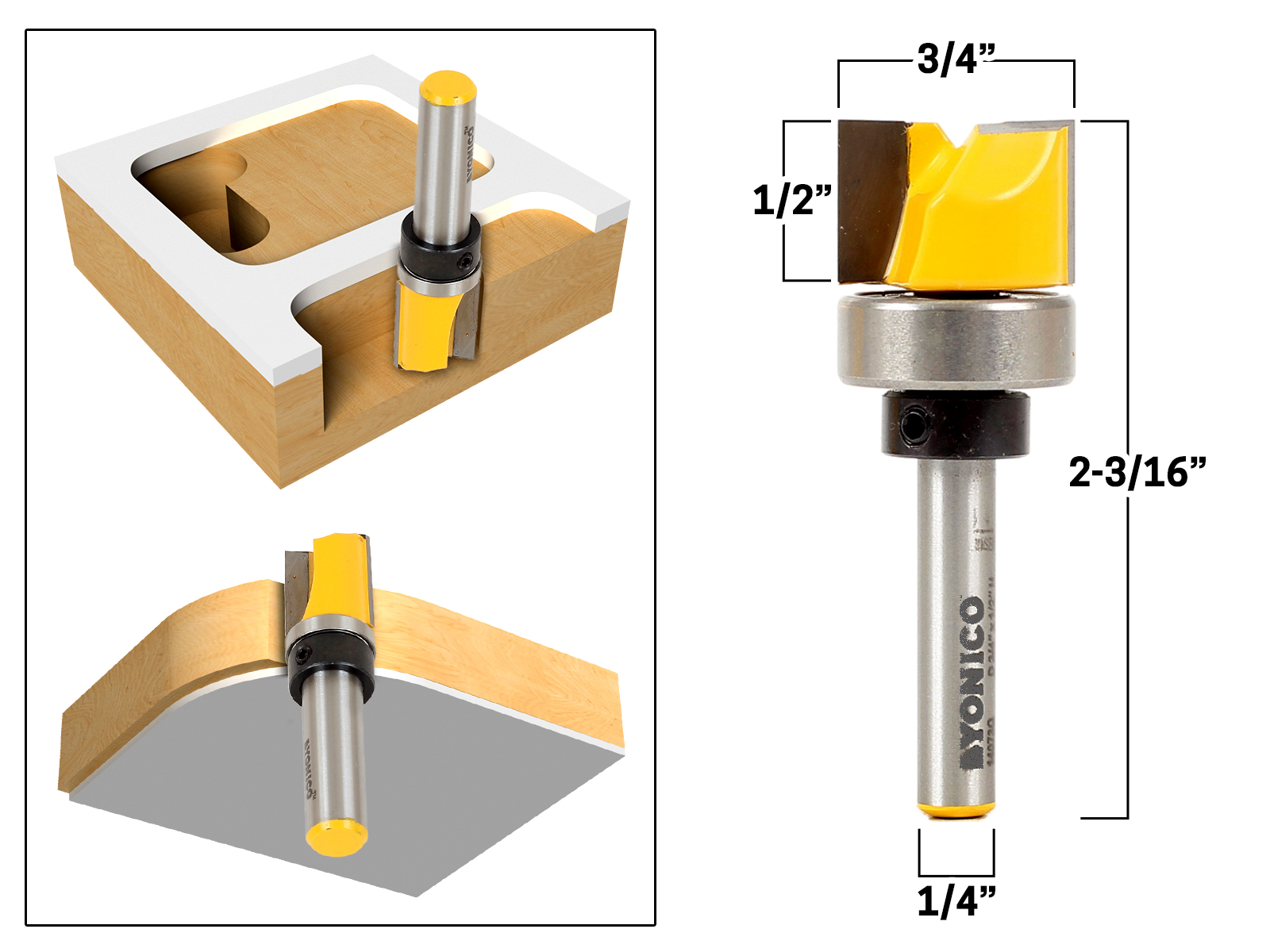 4 Bit 3/4" Diameter Flush Trim Router Bit Set 1/4" Shank Yonico