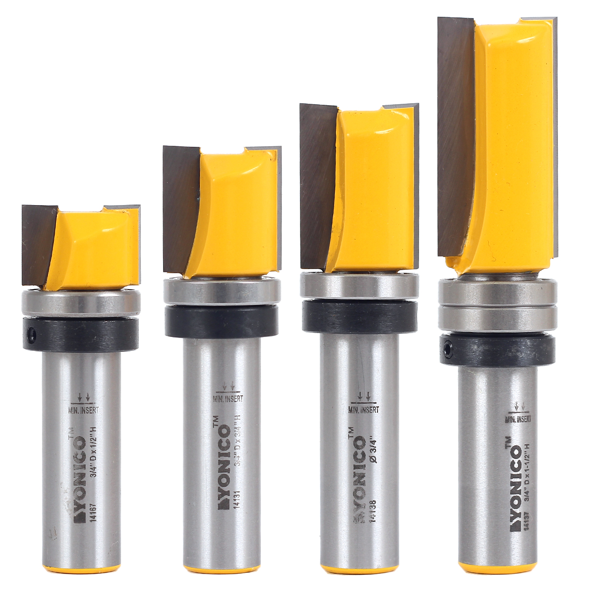 4 Bit 3/4" Diameter Flush Trim Router Bit Set 1/2" Shank Yonico