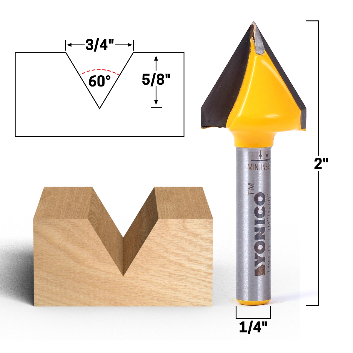 60 Degree X 3/4" Diameter V Groove Router Bit 1/4" Shank Yonico