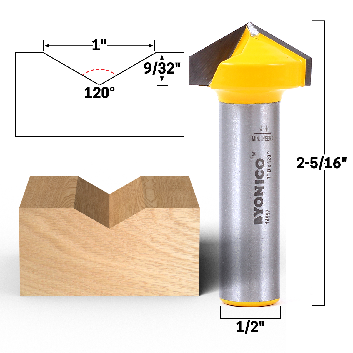 120 Degree X 1" Diameter V Groove Router Bit 1/2" Shank Yonico 14997 765573831801 eBay