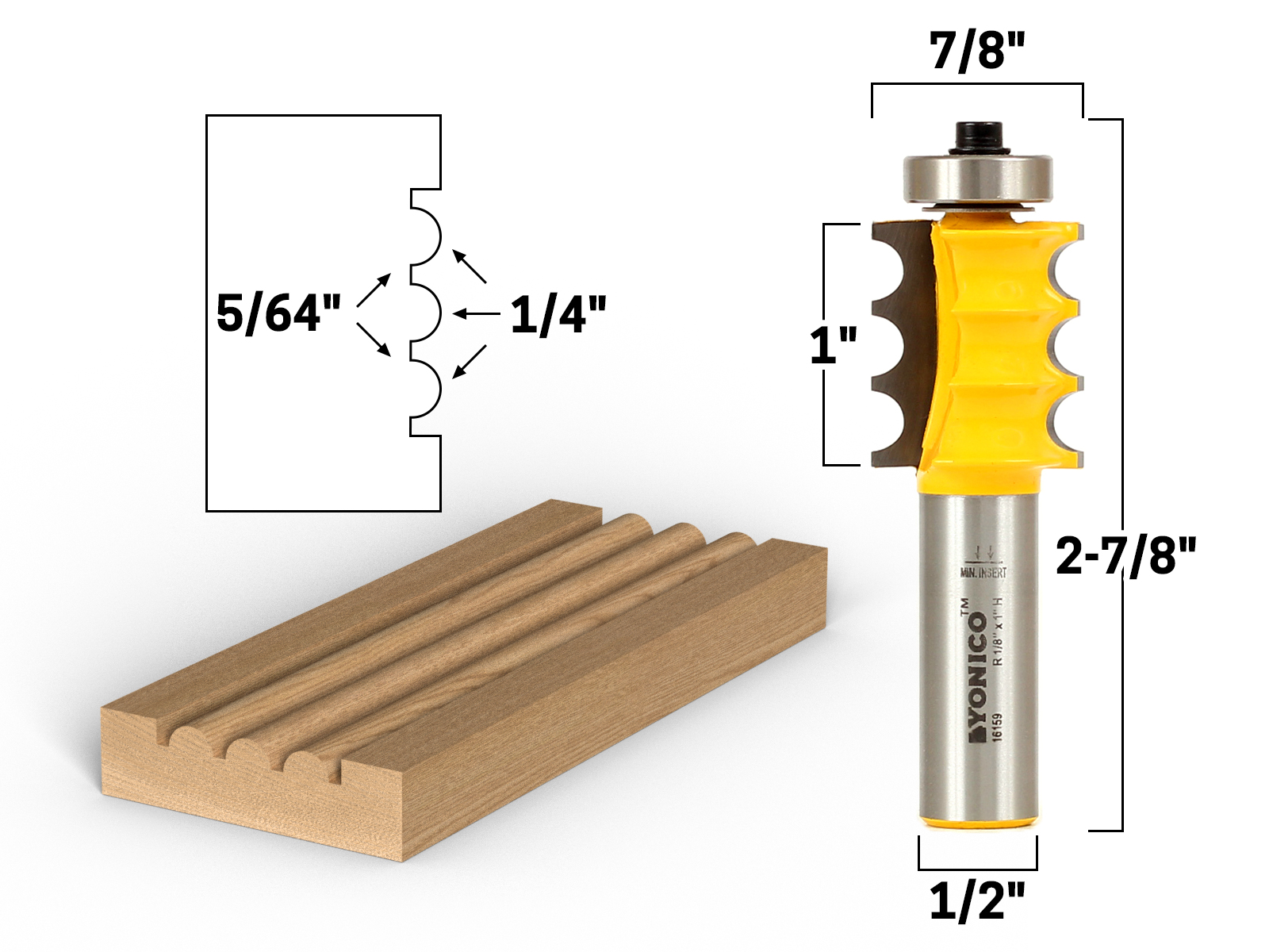 1/8" Radius Triple Bead Trim Molding Router Bit 1/2" Shank Yonico