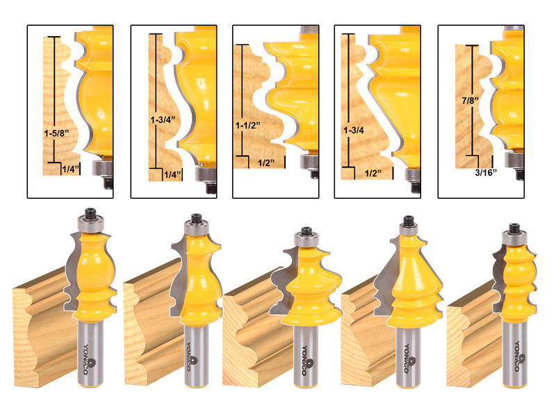 5 Bit Architectural Molding Router Bit Set 1/2" Shank Yonico 16501