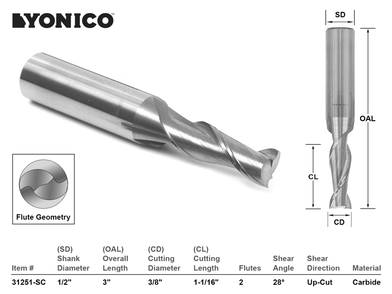 3/8" Dia. Upcut Spiral End Mill CNC Router Bit 1/2" Shank Yonico 31251SC eBay