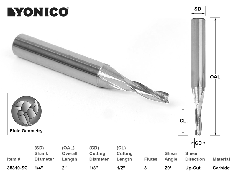 1/8" Dia. Low Helix Upcut End Mill CNC Router Bit 1/4" Shank Yonico