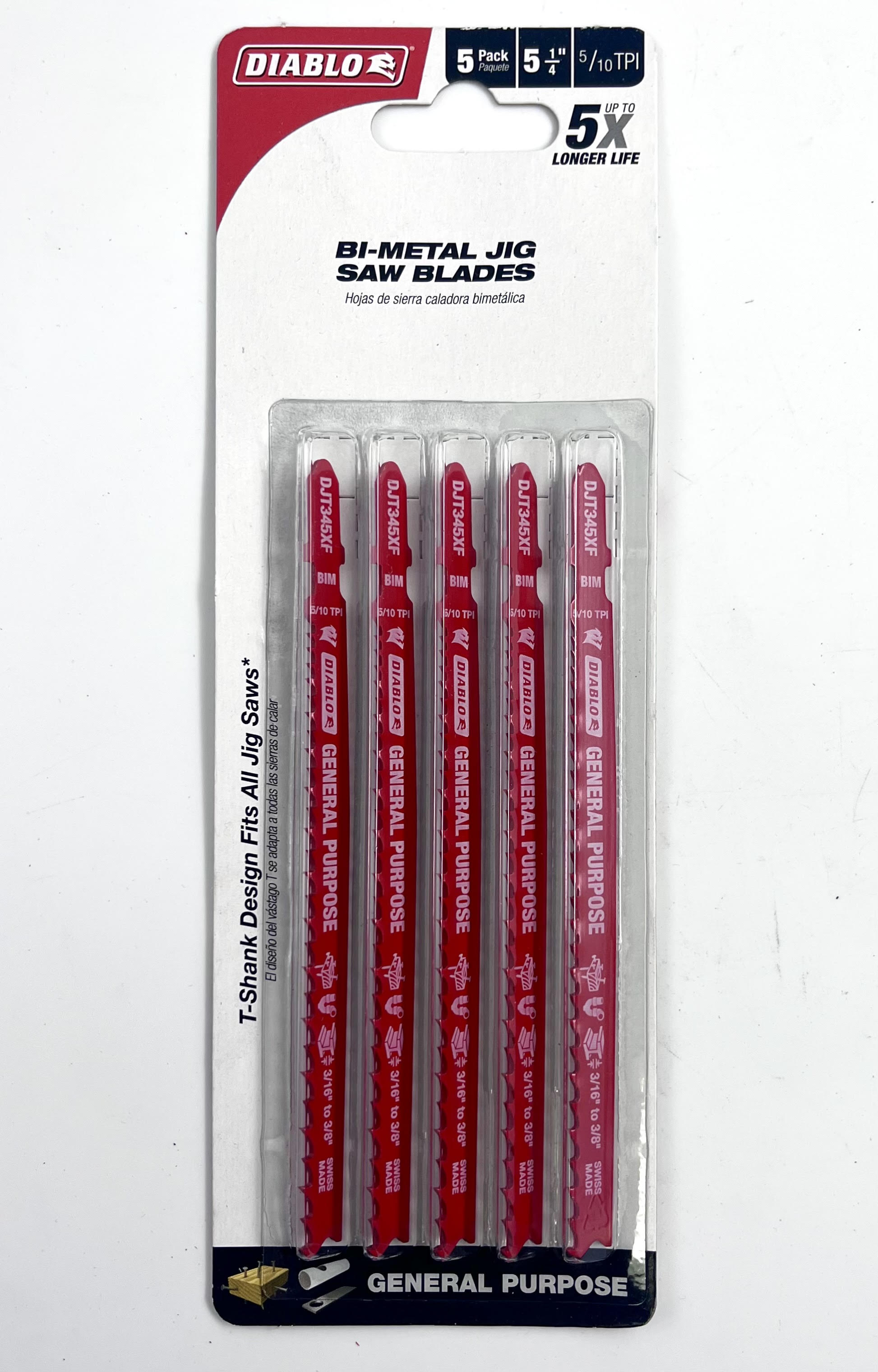 Diablo DJT345XF5 5-1/4in 5/10 TPI Bi-Metal T-Shank Jig Saw Blades